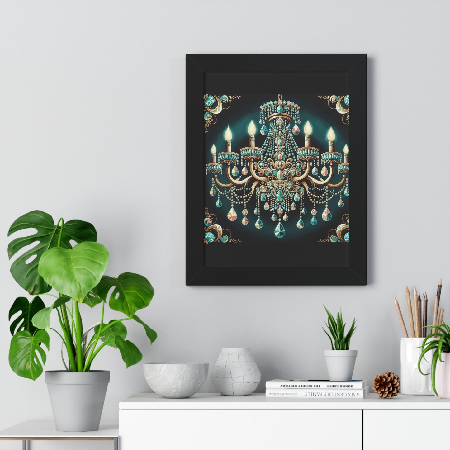 Elegant Chandelier Art Print, Framed Vertical Poster, Home Decor, Wall Art, Gift for Her, Luxury Interior Decoration - Teal Jeweled Chandelier