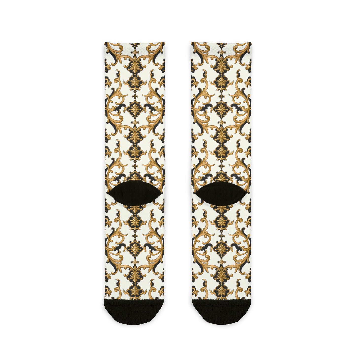 Stylish Sublimation Crew Socks, Trendy Footwear Gift, Unique Fashion Accessory, Cozy Home Wear, Perfect for Gifting - Black & Gold Rococo