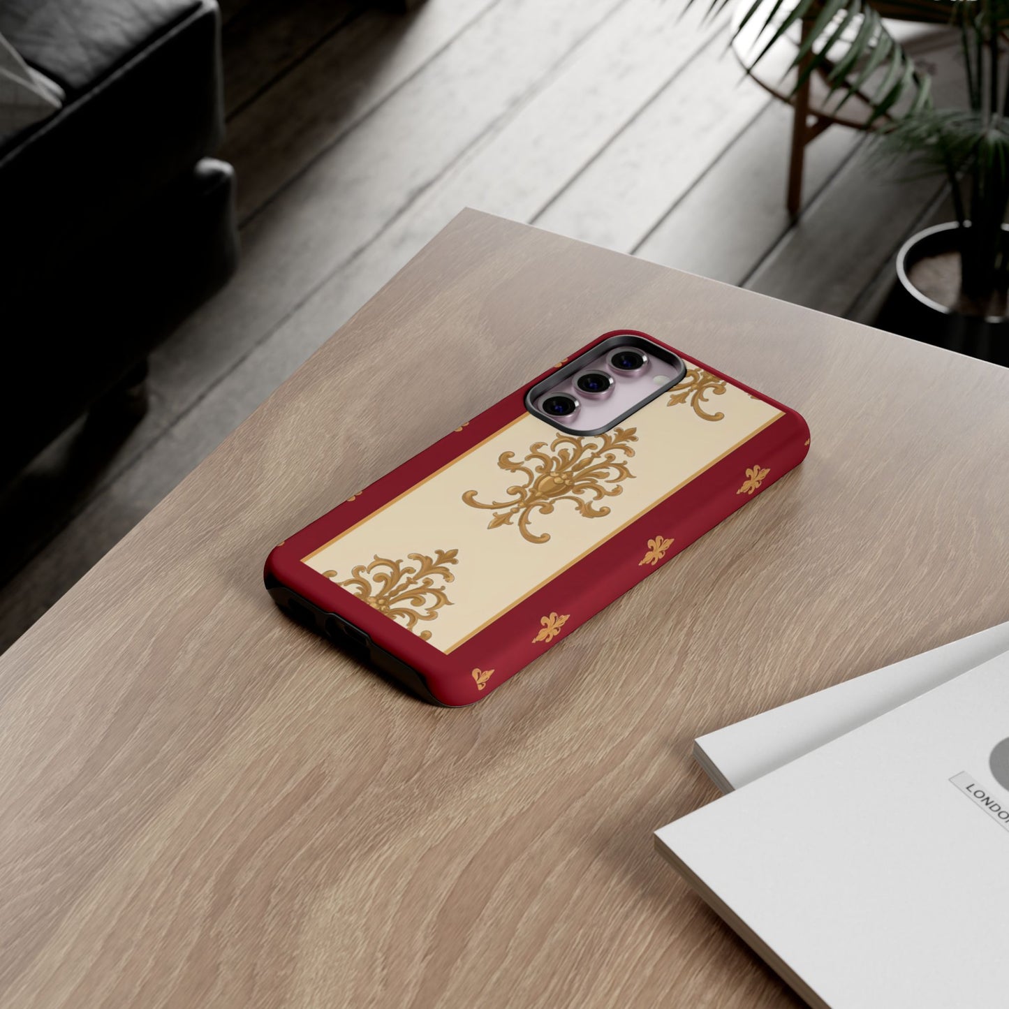 Elegant Floral Motif Phone Case - Tough Cases with Vintage Design - Dusk Red Striped Gold Damask