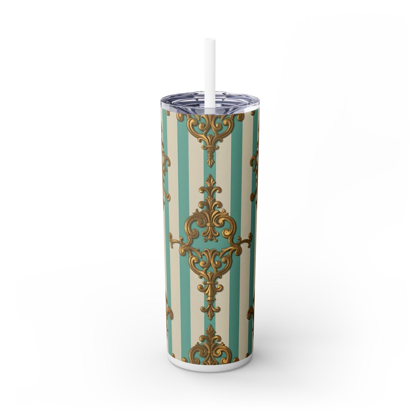 Elegant Vintage Skinny Tumbler with Straw, 20oz, Stylish Drinkware, Perfect Gift for Home, Coffee Lovers - Matte Green Striped Rococo