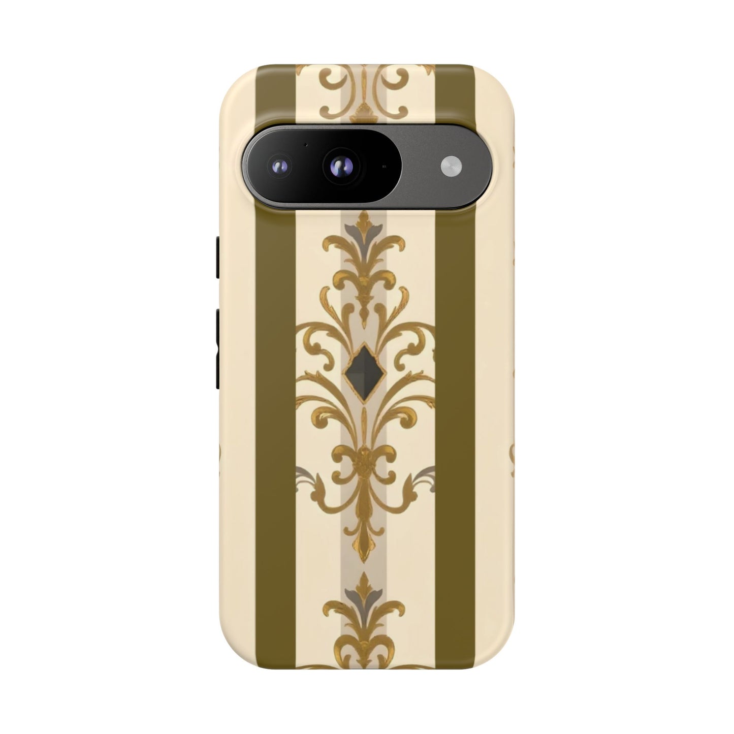 Elegant Floral Motif Phone Case - Tough Cases with Vintage Design - Olive Striped Gold Damask
