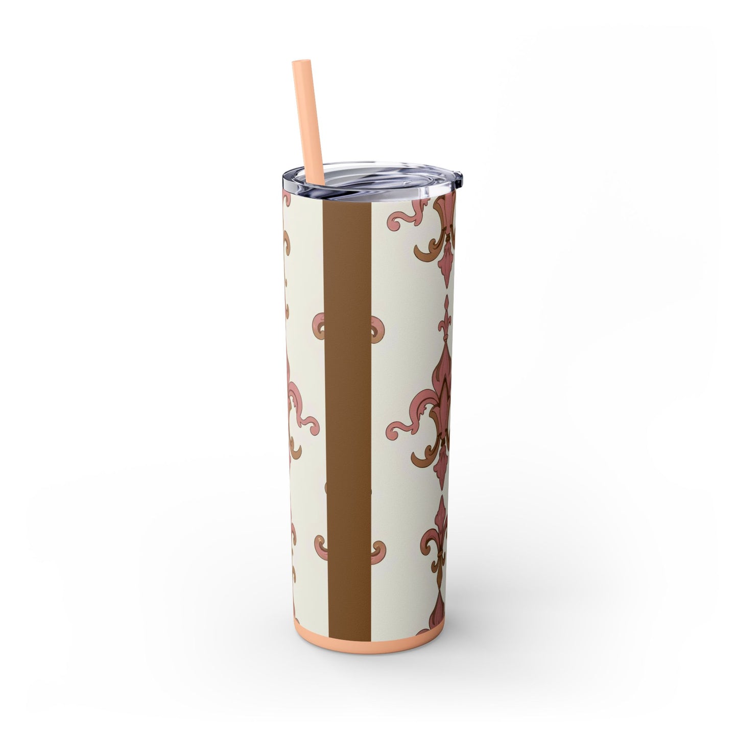 Elegant Floral Skinny Tumbler, 20oz Drinkware, Stylish Travel Mug, Wedding Gift, Personalized Gift, Eco-Friendly Cup - Brown Striped Pink Arabesque