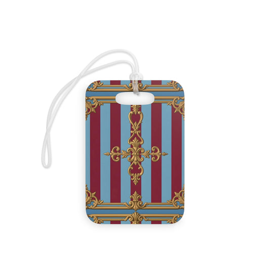 Travel-Themed Luggage Tags | Stylish Travel Accessories for Personalization, Gift for Travelers, Vacation Tags - Sky Blue & Maroon Striped Baroque