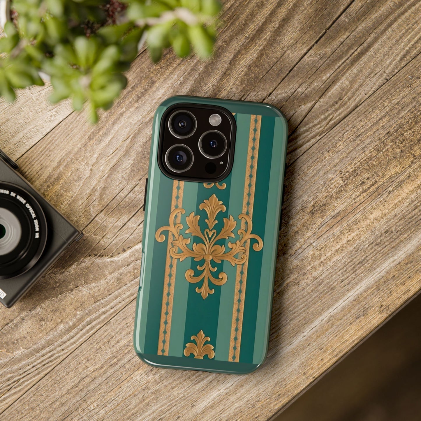 Elegant Floral Motif Phone Case - Tough Cases with Vintage Design - Teal Striped Gold Damask