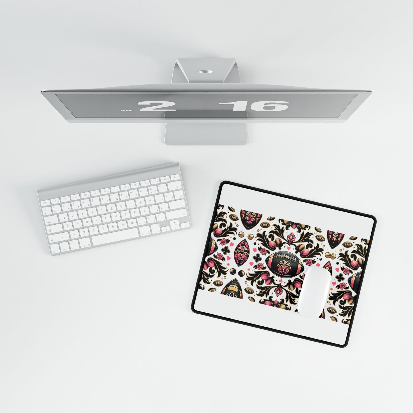 Desk Mat - Elegant Floral Motif for Home Office Decor - Pink, White, Gold & Black Damask Footballs