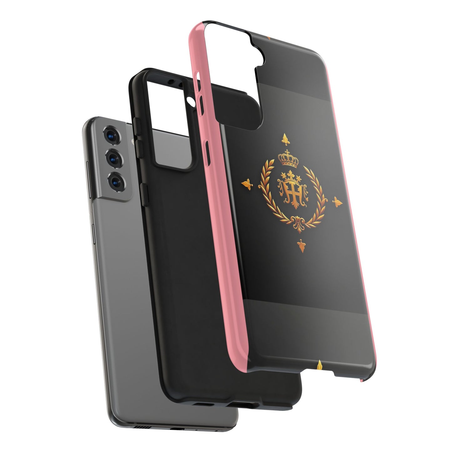 Tough Phone Case with Regal Design - Elegant Phone Protection, Gift for Him/Her, Royalty Inspired - Pink Striped Gold Crest