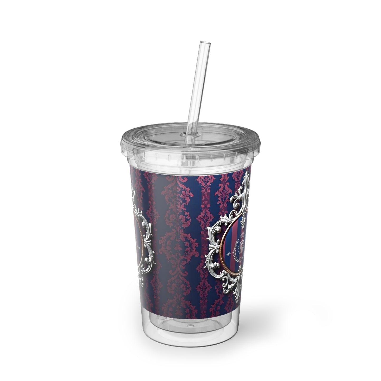 Stylish Acrylic Cup with Elegant Pattern, Gift for Coffee Lovers, Reusable Drinkware, Luxe Travel Mug, Birthday Present - Blue & Plum Striped Silver Crest