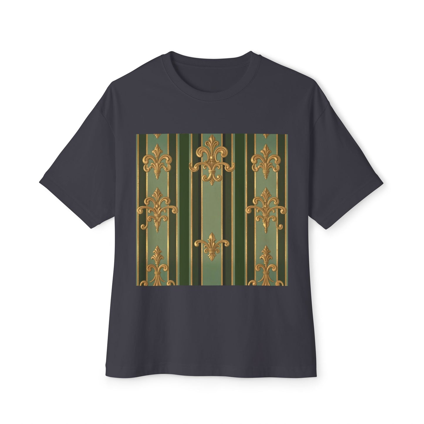 Elegant Vintage-Inspired Boxy Tee, Relaxed Fit Graphic T-Shirt, Floral Design Top, Perfect for Casual Outings - Green Striped Gold Baroque