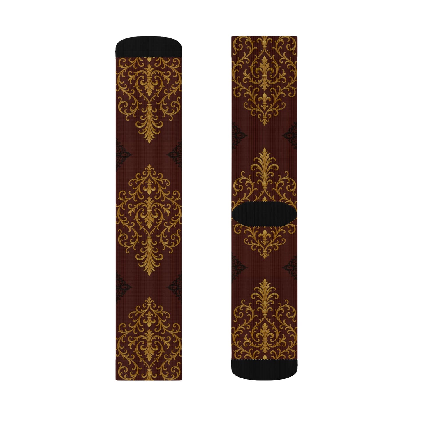 Dusk Burgundy-Black & Gold Baroque Sublimation Socks — Vintage Baroque Patterned Crew Socks