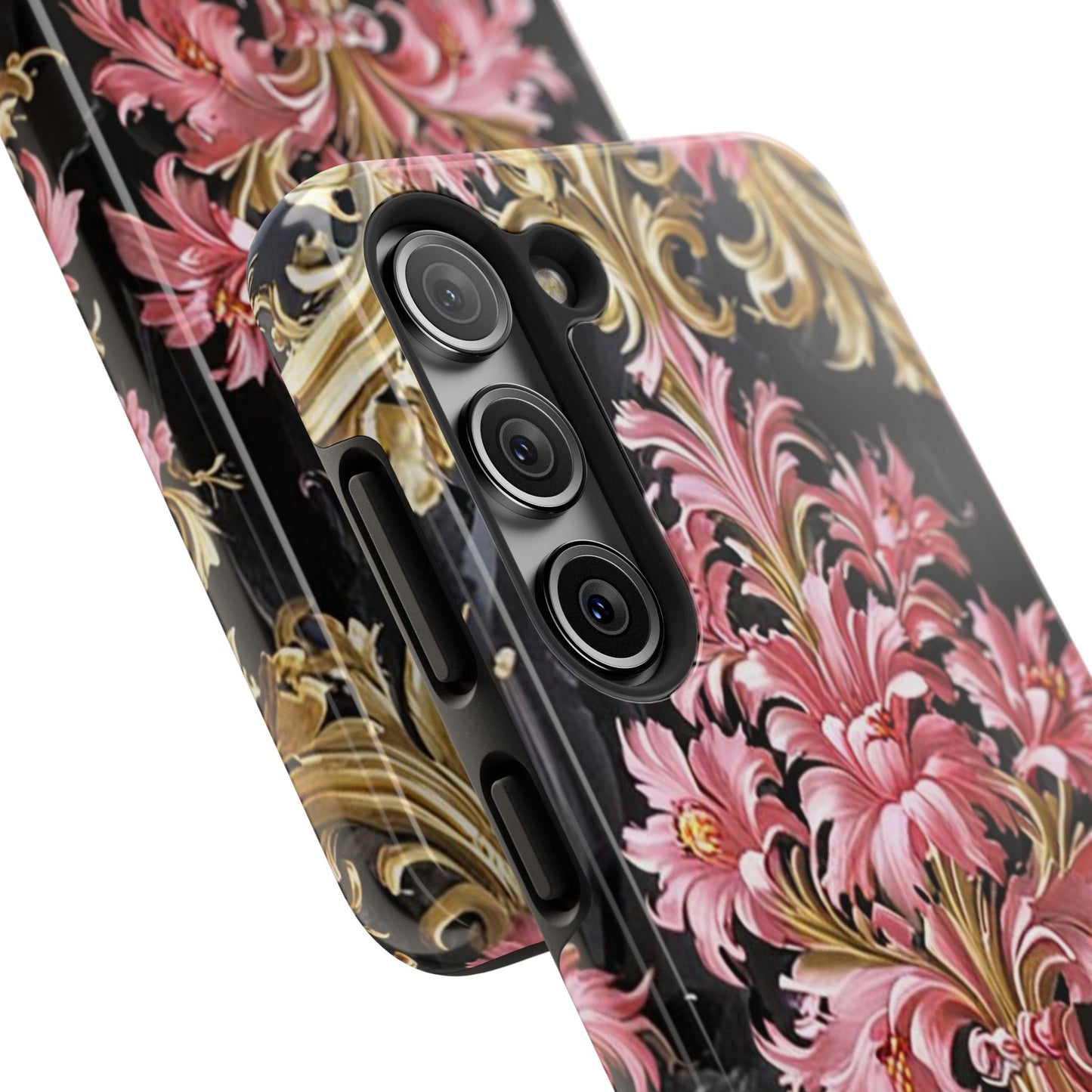 Elegant Floral Tough Phone Cases | Stylish Protection for Her | Gift for Birthdays - Black & Pink Oil Painting Style Rococo