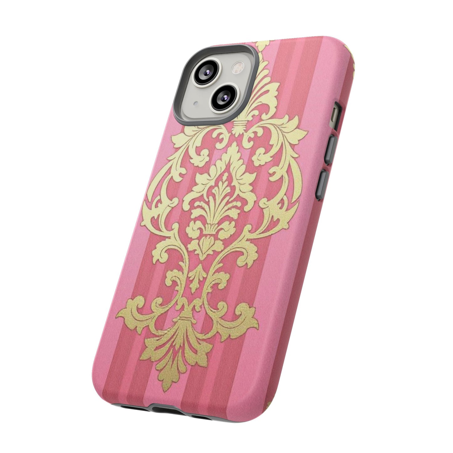 Elegant Floral Motif Phone Case - Tough Cases with Vintage Design - Pink Striped Damask
