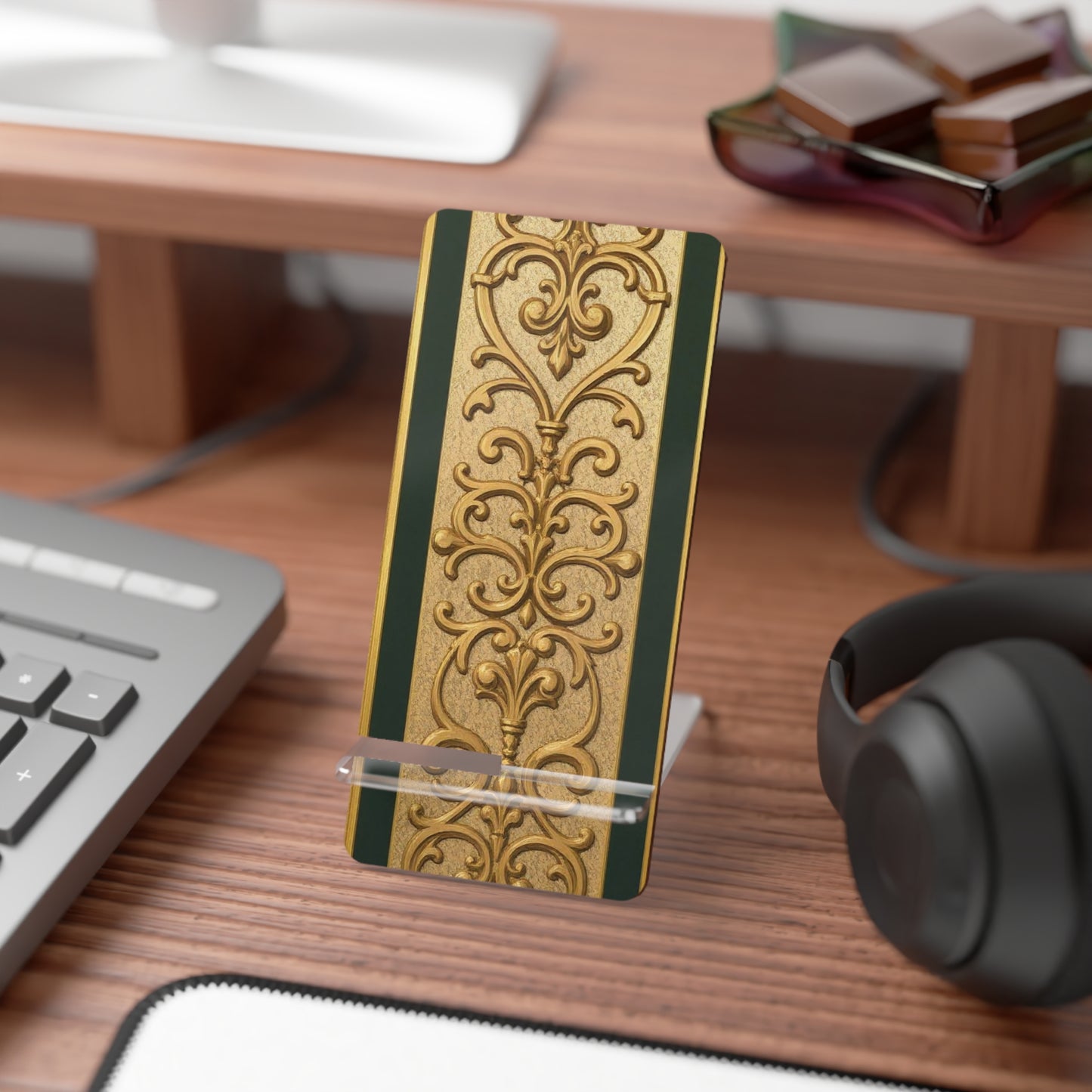 Elegant Teal Striped Gold Baroque Smartphone Display Stand, Decorative Phone Stand, Stylish Desk Organizer, gifts for her, home office decor