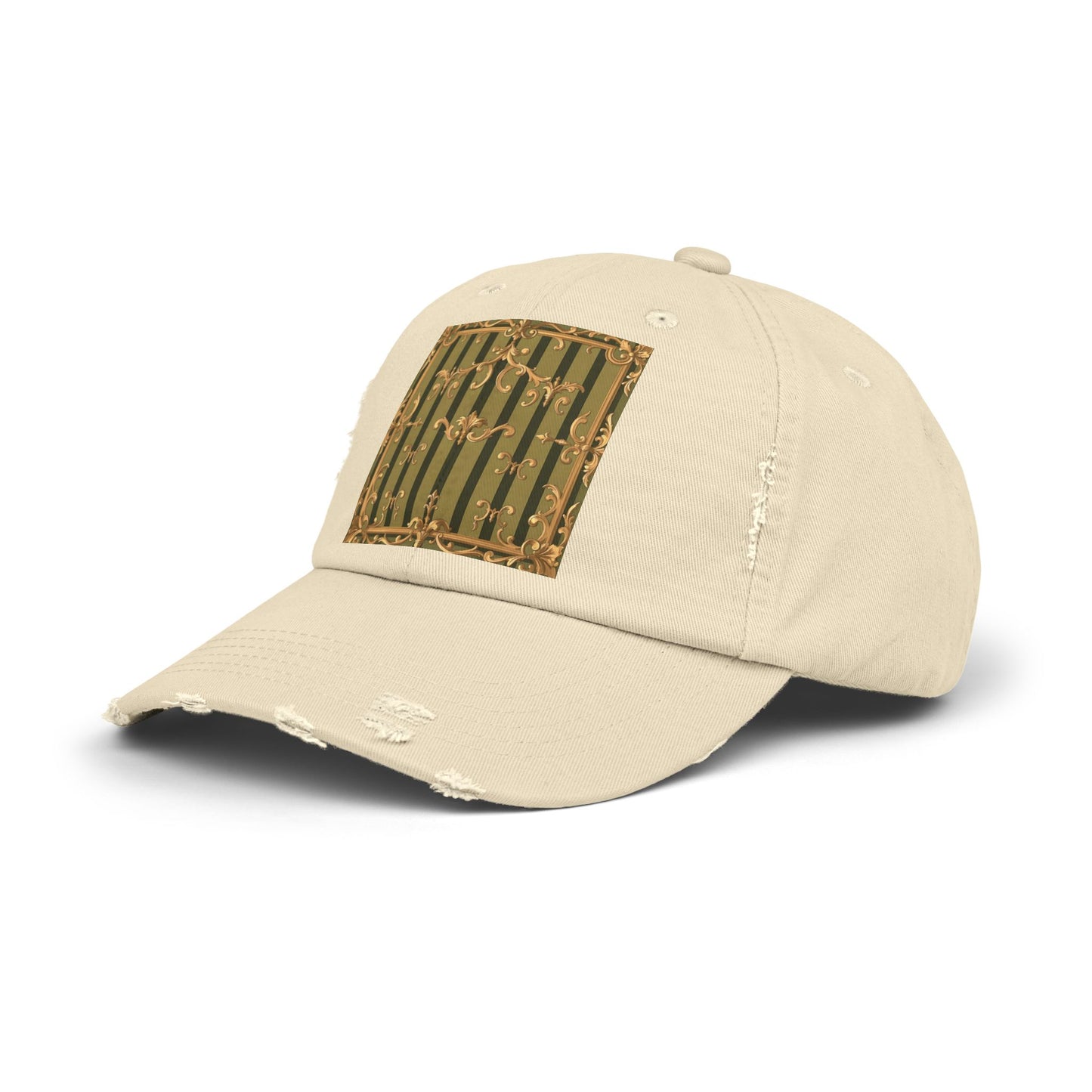 Vintage Distressed Cap with Elegant Gold Design, Fashionable Unisex Hat for Casual Outings - Olive Green Striped Rococo