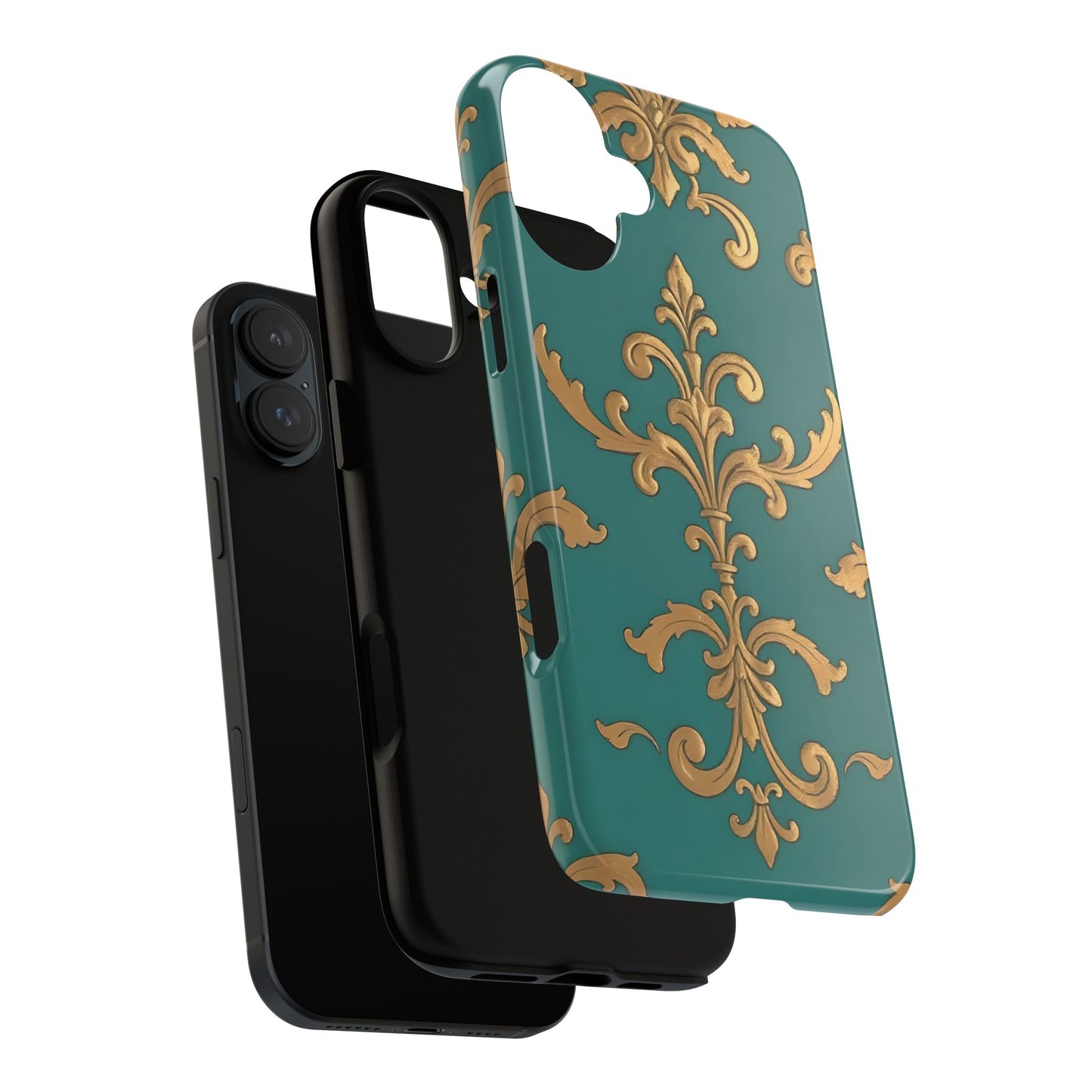 Elegant Floral Motif Phone Case - Tough Cases with Vintage Design - Aqua & Gold Damask