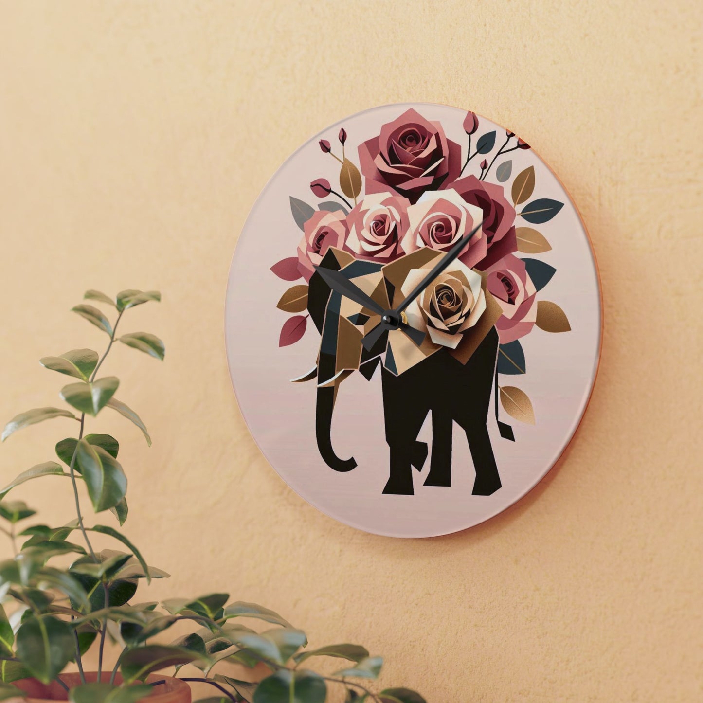 Bohemian Elephant-Inspired Acrylic Wall Clock with Floral Design -  Black & Gold Elephant & Roses Design