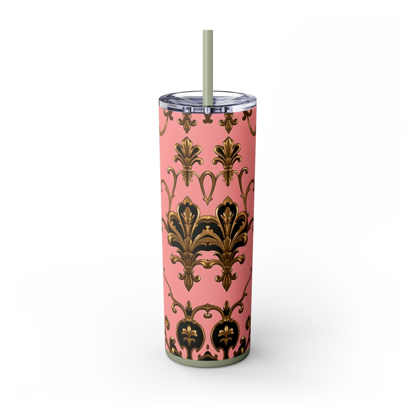 Elegant Pink Damask Skinny Tumbler, 20oz Drinkware, Stylish Reusable Cup, Travel Mug, Gift for Her, Home Decor - Pink, Black & Gold Rococo