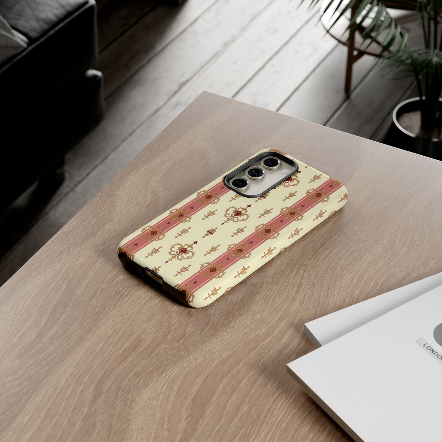 Elegant Floral Motif Phone Case - Tough Cases with Vintage Design - Mauve Striped Gold Damask