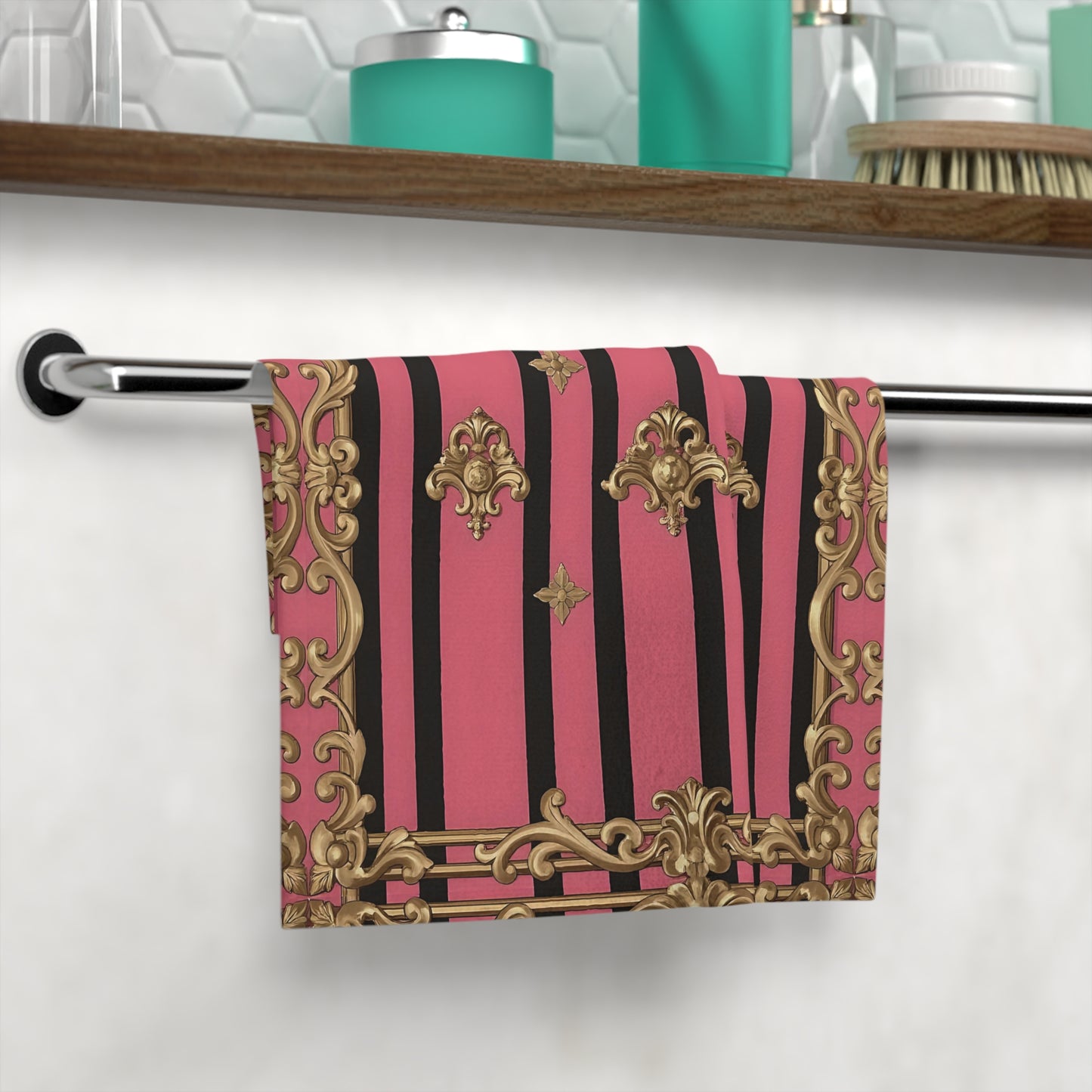 Chic Decorative Face Towel - Luxurious Pink and Gold Design, Spa Essentials, Home Décor, Gift for Her, Bridal Shower Decor - Pink Striped Gold Rococo