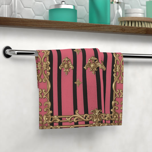 Chic Decorative Face Towel - Luxurious Pink and Gold Design, Spa Essentials, Home Décor, Gift for Her, Bridal Shower Decor - Pink Striped Gold Rococo