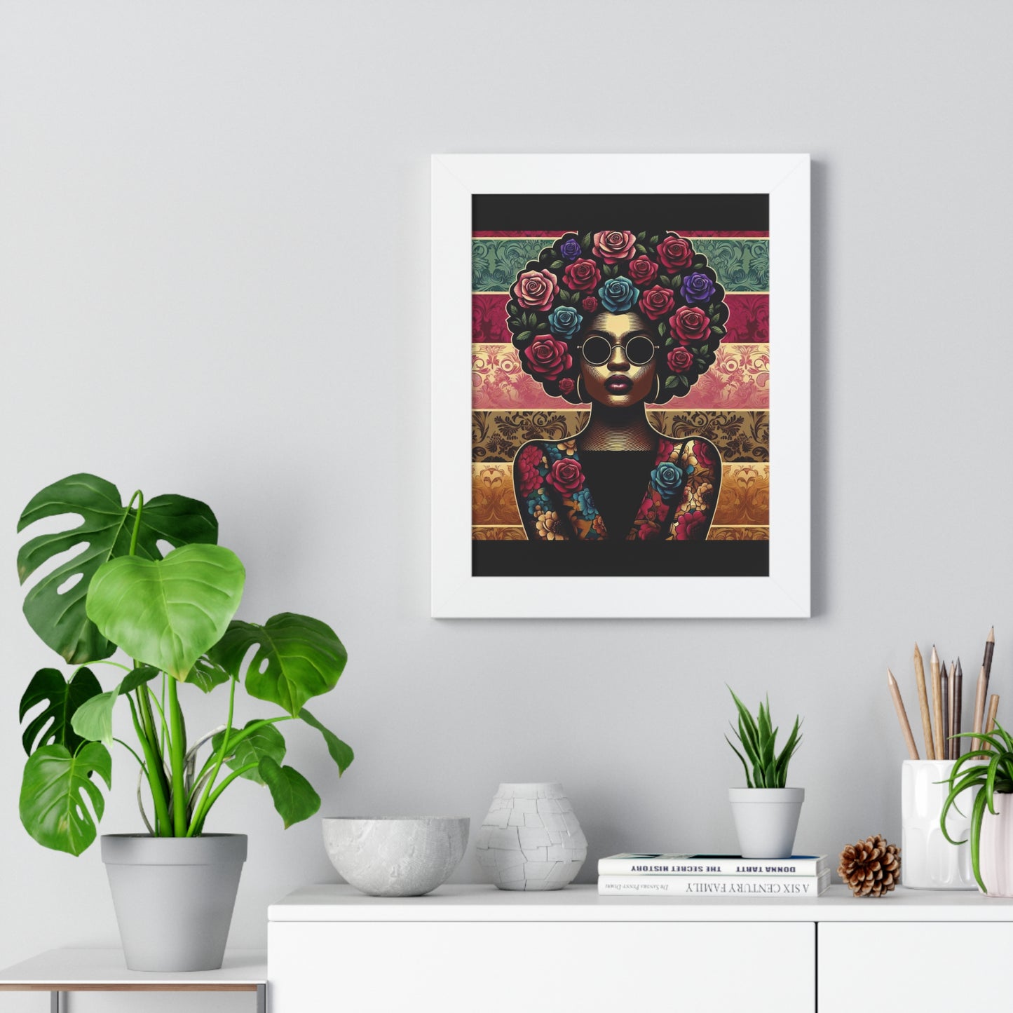 Vertical Poster Lady In Damask & Roses Wall Art