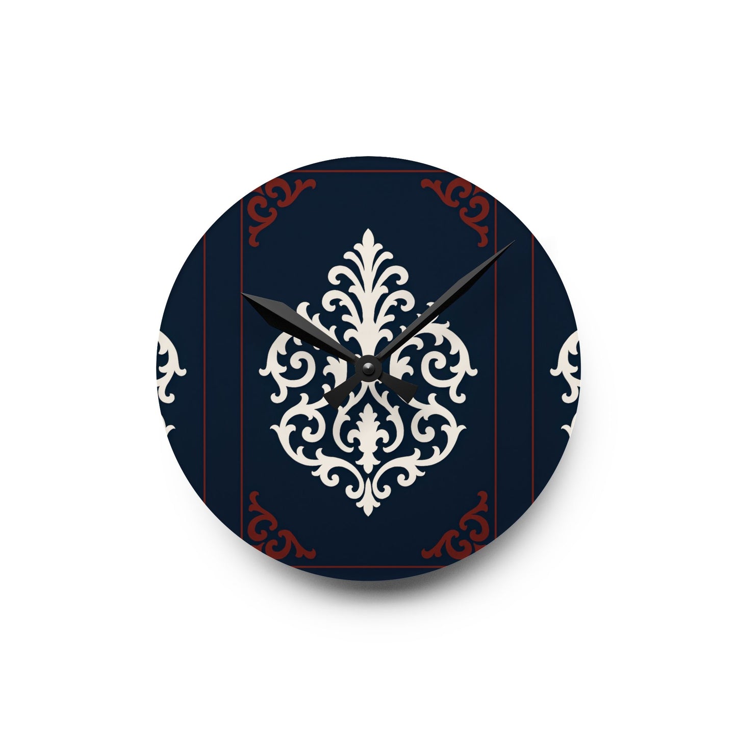 Dusk Blue-Maroon & White Baroque Acrylic Wall Clock — Navy & Ivory Decorative Timepiece