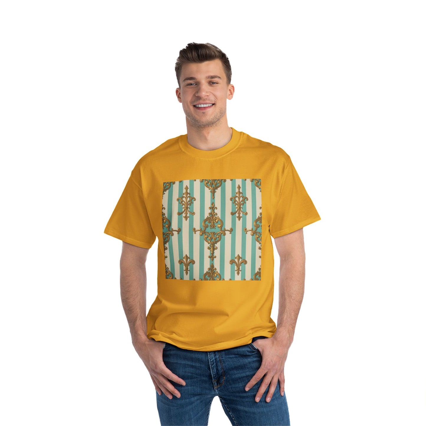 Elegant Patterned Short-Sleeve T-Shirt, Fashion Tee, Casual Wear, Gift for Her, Summer Style, Unique Design - Matte Green Striped Rococo