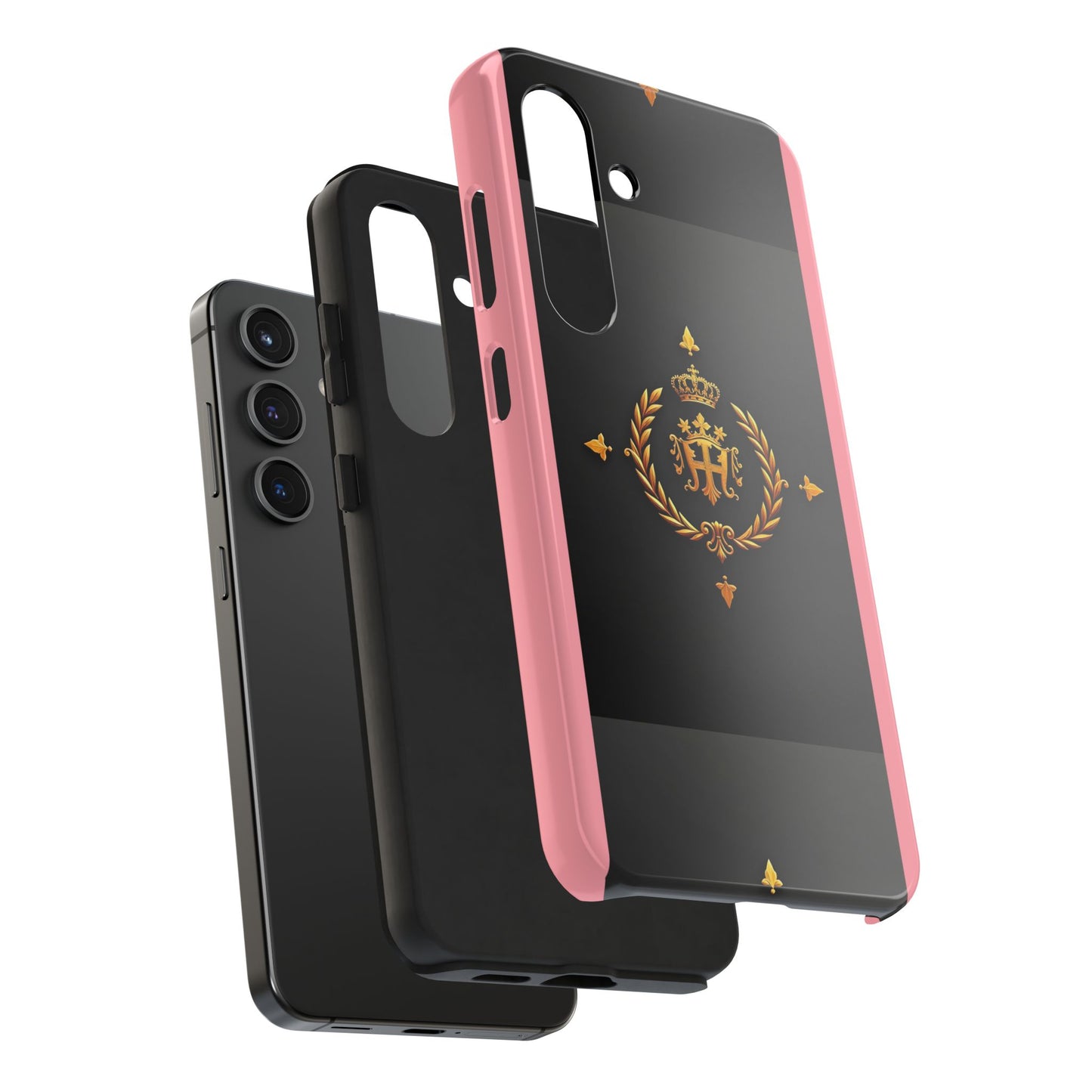 Tough Phone Case with Regal Design - Elegant Phone Protection, Gift for Him/Her, Royalty Inspired - Pink Striped Gold Crest