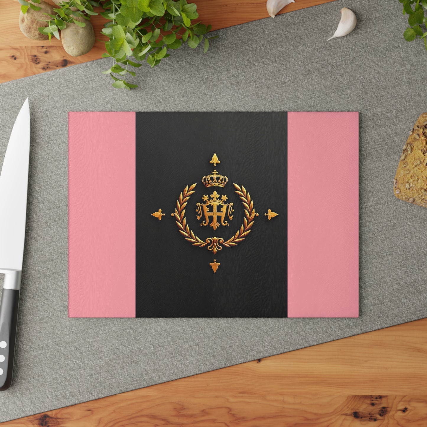Elegant Monogrammed Glass Cutting Board | Modern Kitchen Decor, Unique Wedding Gift, Housewarming Present - Pink Striped Gold Crest
