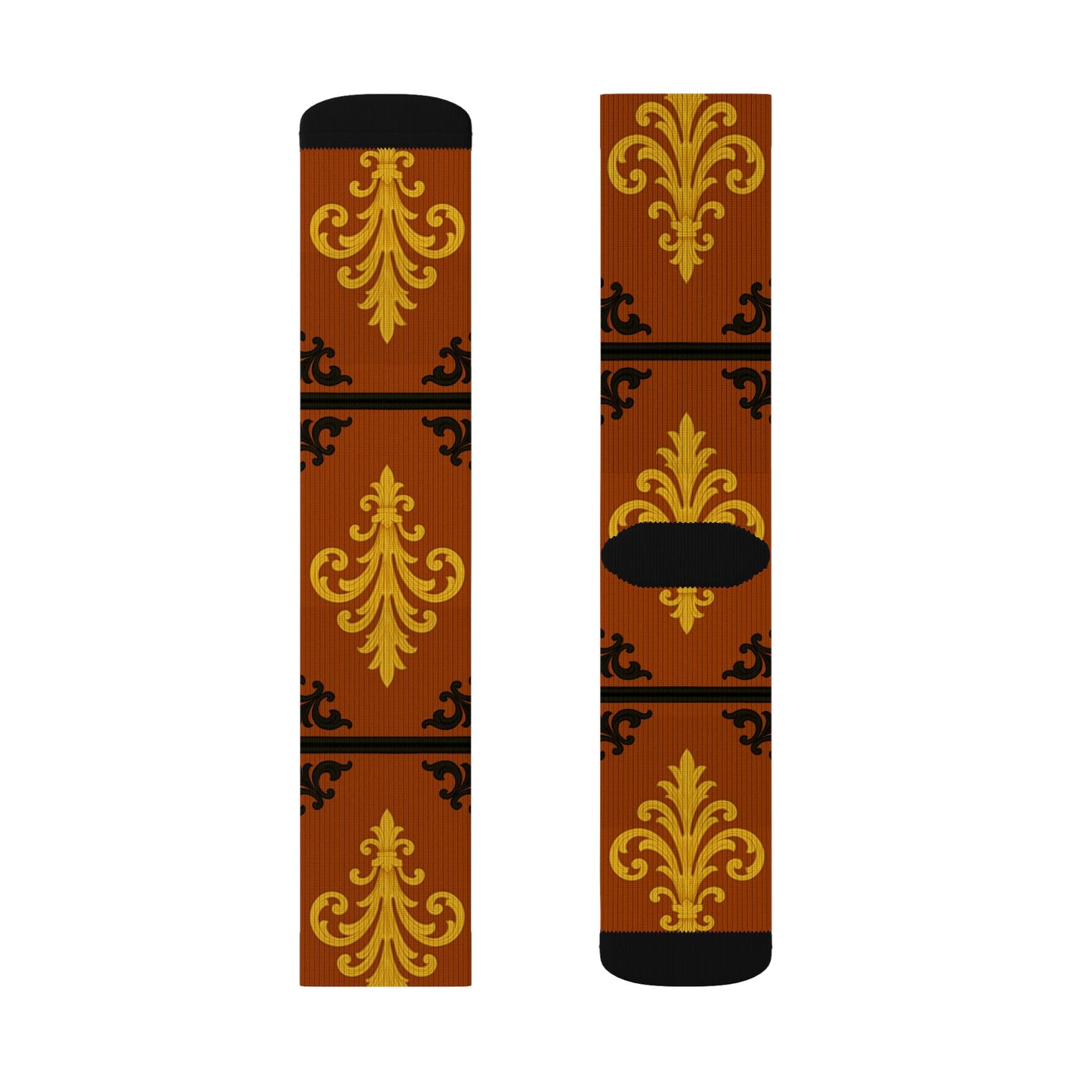 Dusk Terracotta Baroque Sublimation Socks — Vintage Terracotta & Gold Patterned Crew Socks