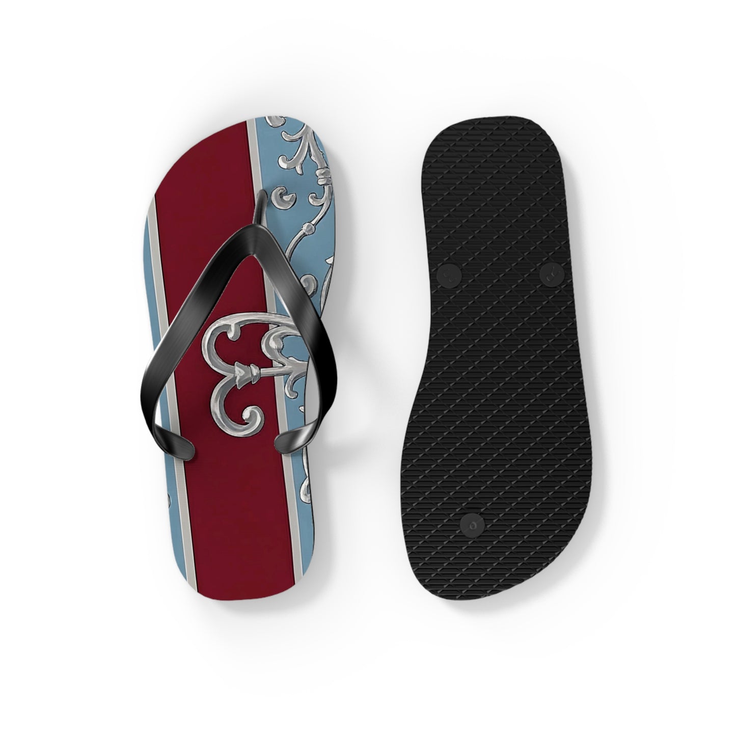 Elegant Vintage Flip Flops - Stylish Summer Footwear with Classic Design - Ice Blue & Burgundy Striped Baroque