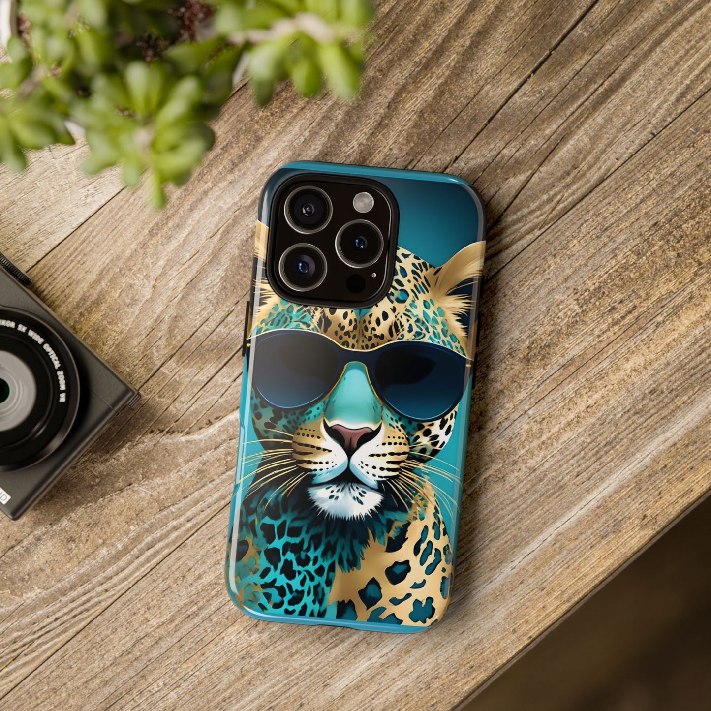 Phone Case - Aqua & Gold Leopard In Sunglasses Design