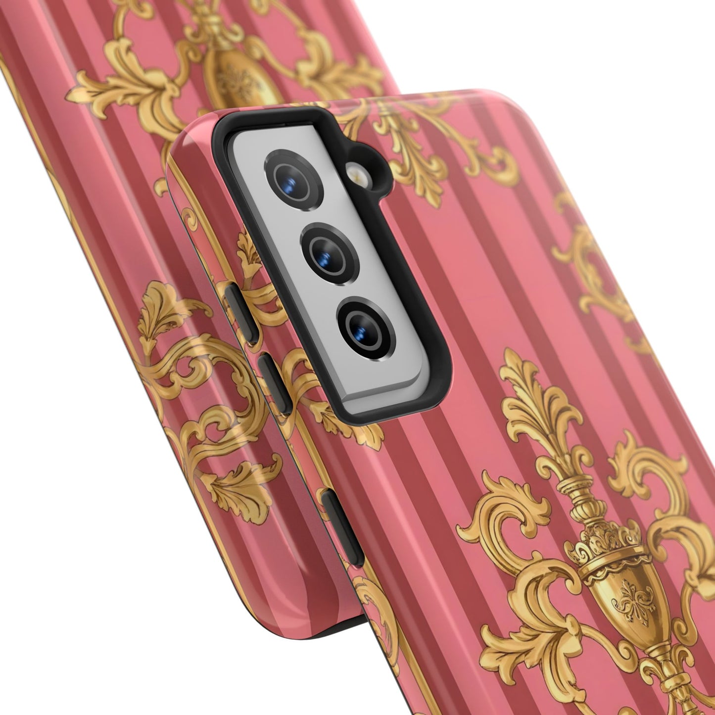 Elegant Baroque Tough Phone Cases, Durable Phone Cover, Stylish Accessory, Gift for Any Occasion - Pink Striped Gold Baroque