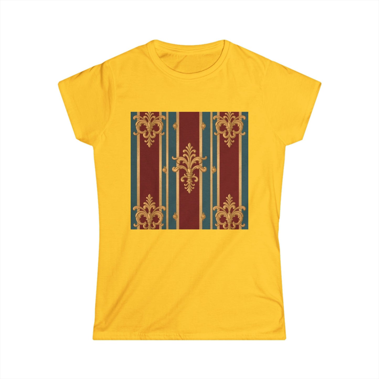 Elegant Floral Design Women's Softstyle Tee - Casual Wear, Gift for Her, Birthday, Summer Fashion - Burgundy Striped Gold Baroque