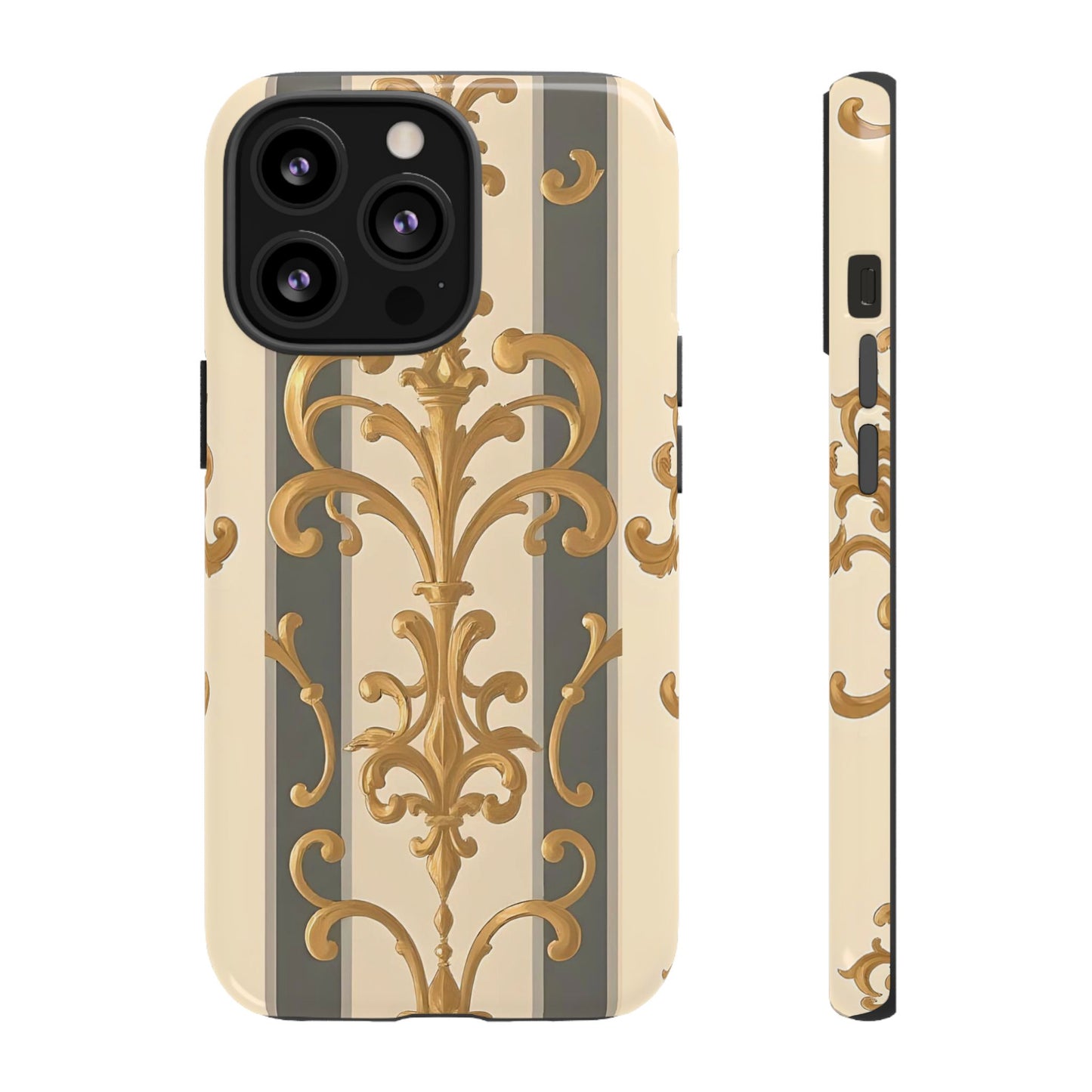 Elegant Floral Motif Phone Case - Tough Cases with Vintage Design - Dusk Olive Striped Gold Damask