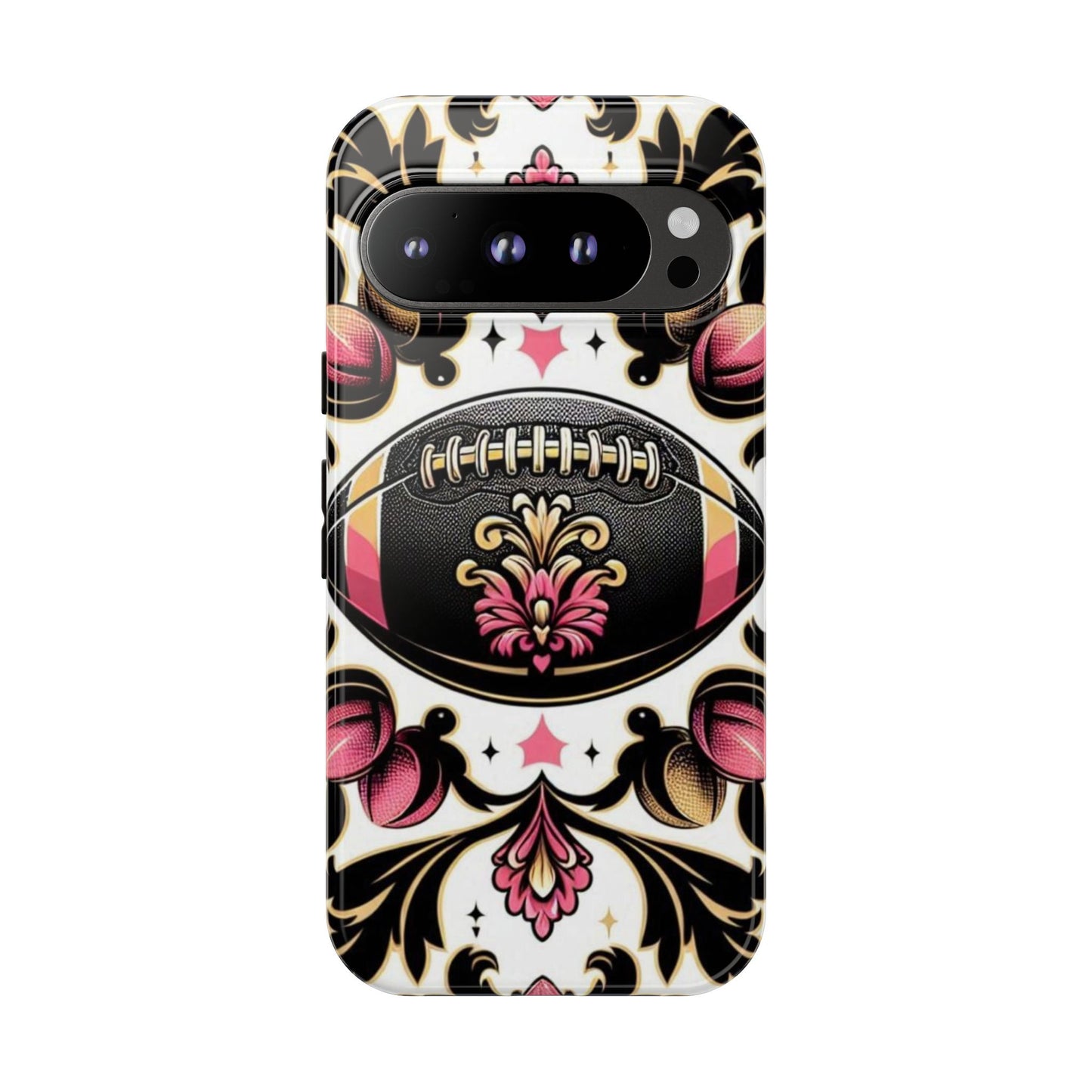 Elegant Floral Motif Phone Case - Tough Cases with Vintage Design - Damask White, Pink Gold & Black Football