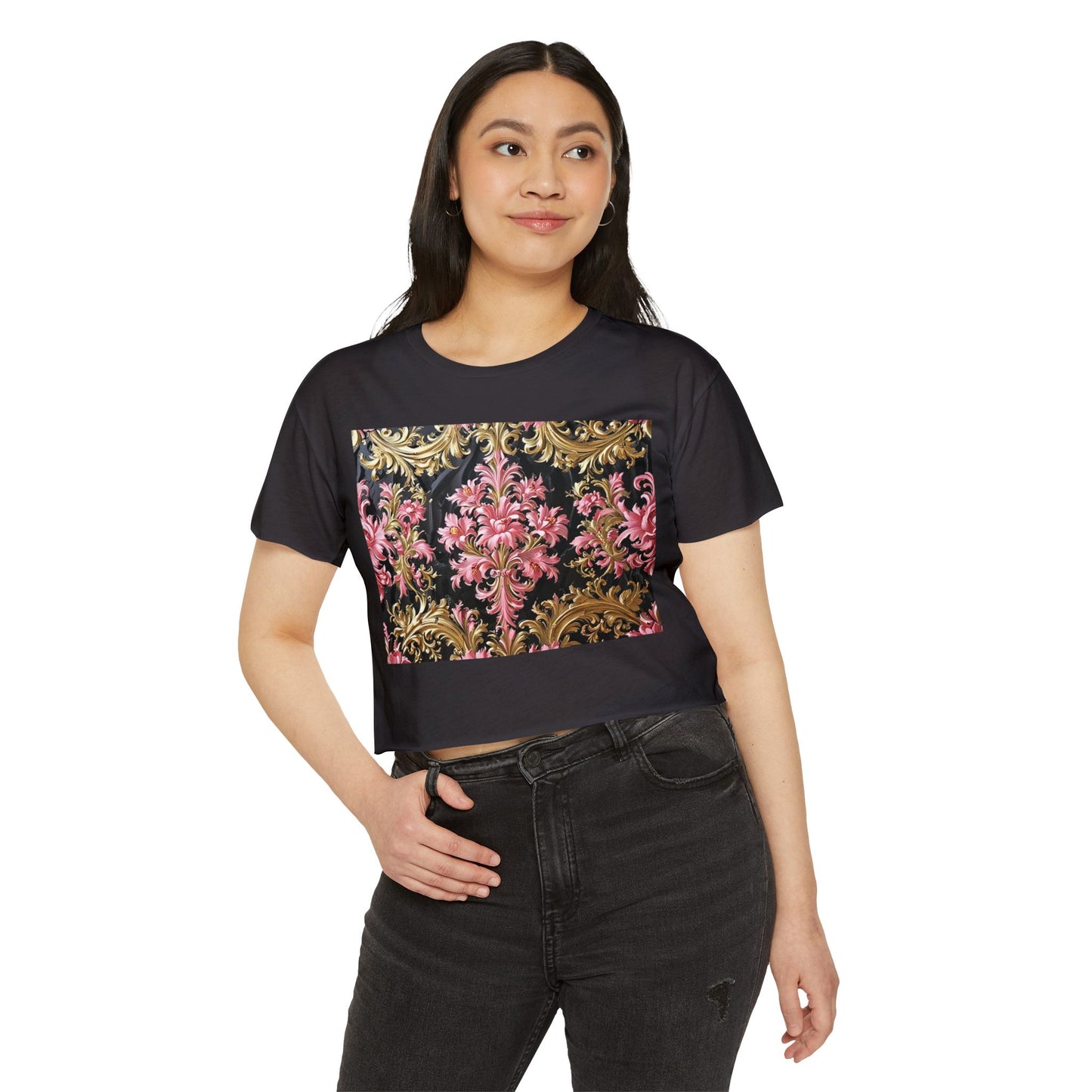 Festival-Ready Women's Crop Top, Boho Chic Tee, Summer Music Fest Shirt, Stylish Festival Wear - Black & Pink Oil Painting Style Rococo