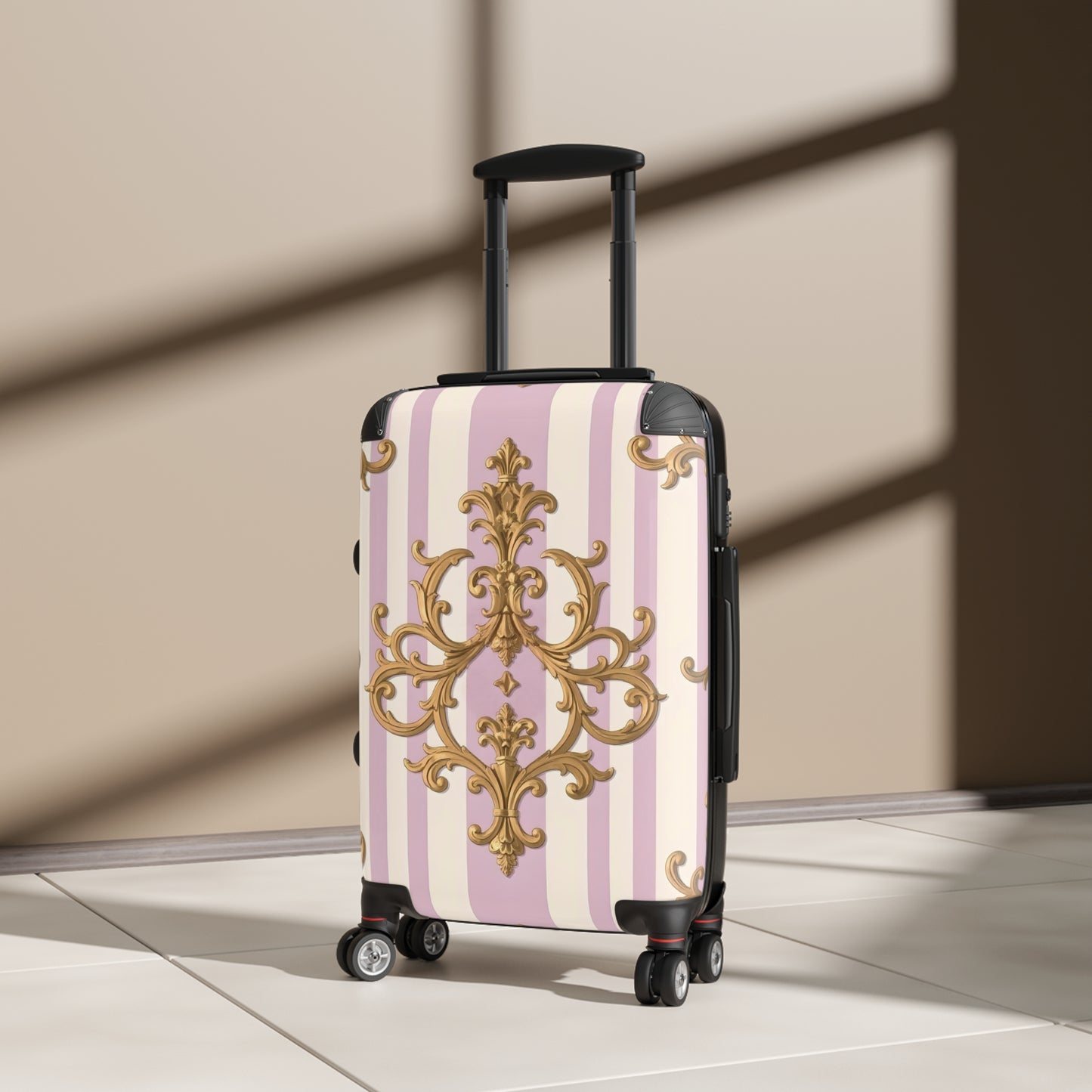 Elegant Ornate Suitcase for Travel, Stylish Luggage for Vacations, Personalized Travel Bag, Gift for Travelers - Lilac & Alabaster Striped Gold Baroque