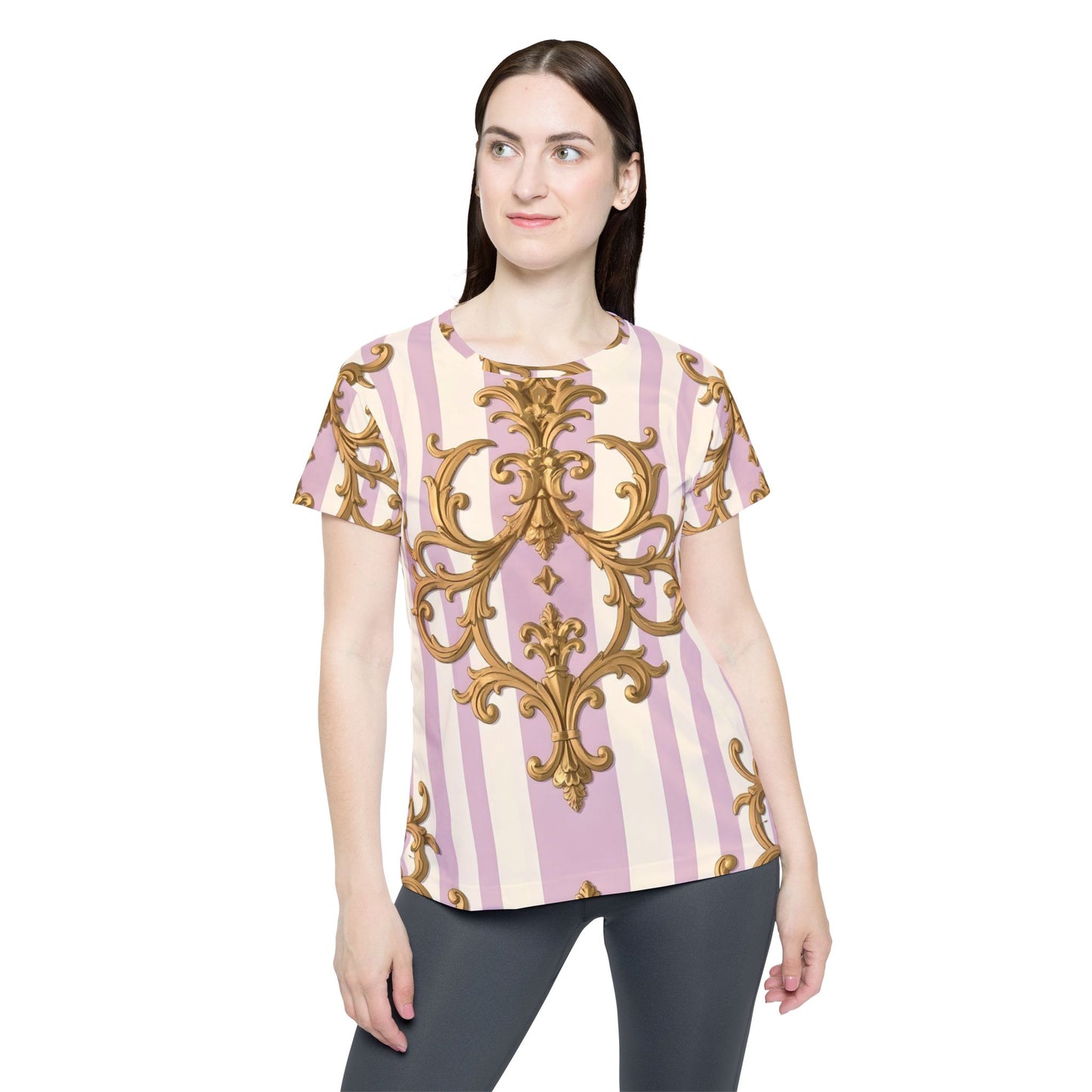 Elegant Women's Sports Jersey, Stylish AOP Tee for Fitness, Casual Wear, Trendy Workout Top - Lilac & Alabaster Striped Gold Baroque