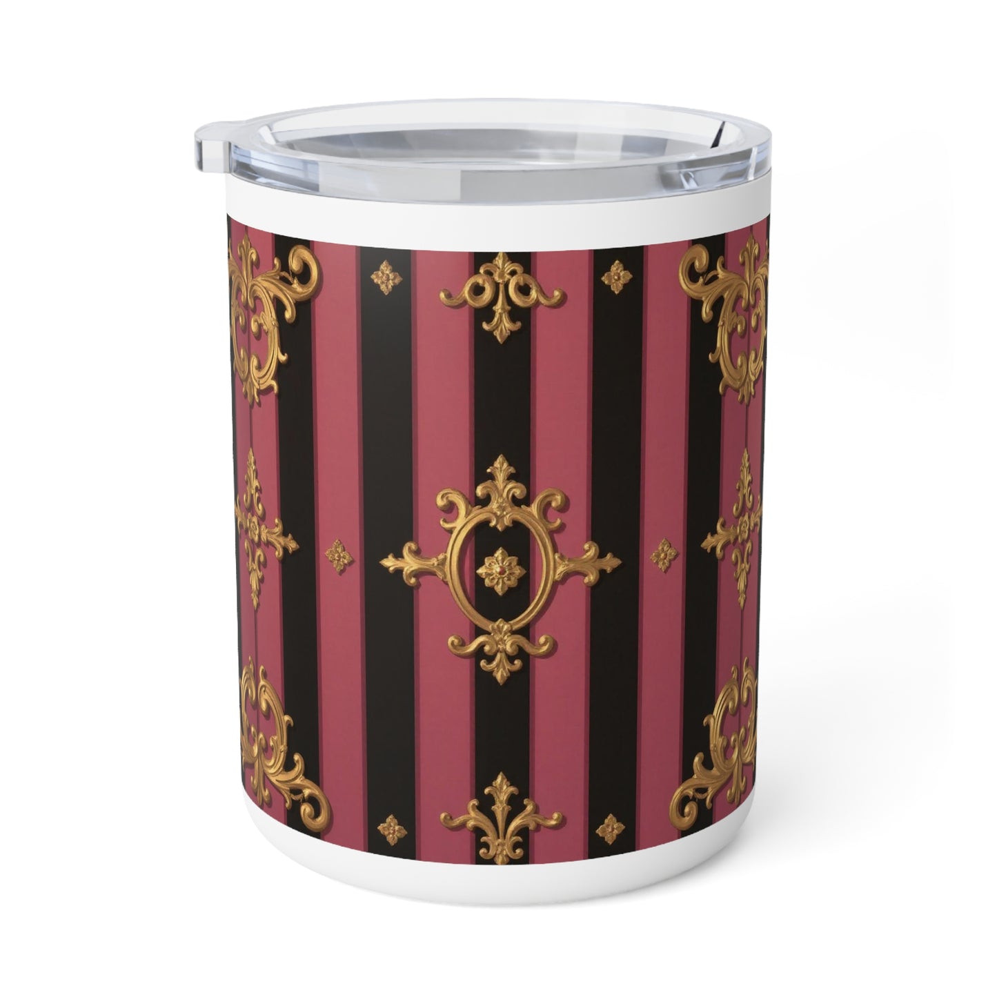 Elegant Black & Mauve Striped Gold Baroque Insulated Coffee Mug - Vintage Gold and Stripes Design | Gift for Coffee Lovers, Travel Mug, Tea Lovers