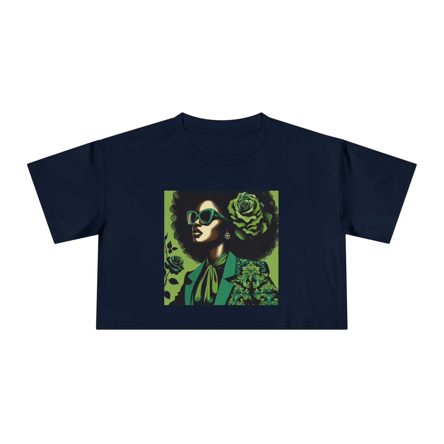 Stylish Women's Crop Tee with Damask Design | Trendy Summer Top, Afro Crop Shirt, Casual Wear, Gift for Her - Lady in Green Damask