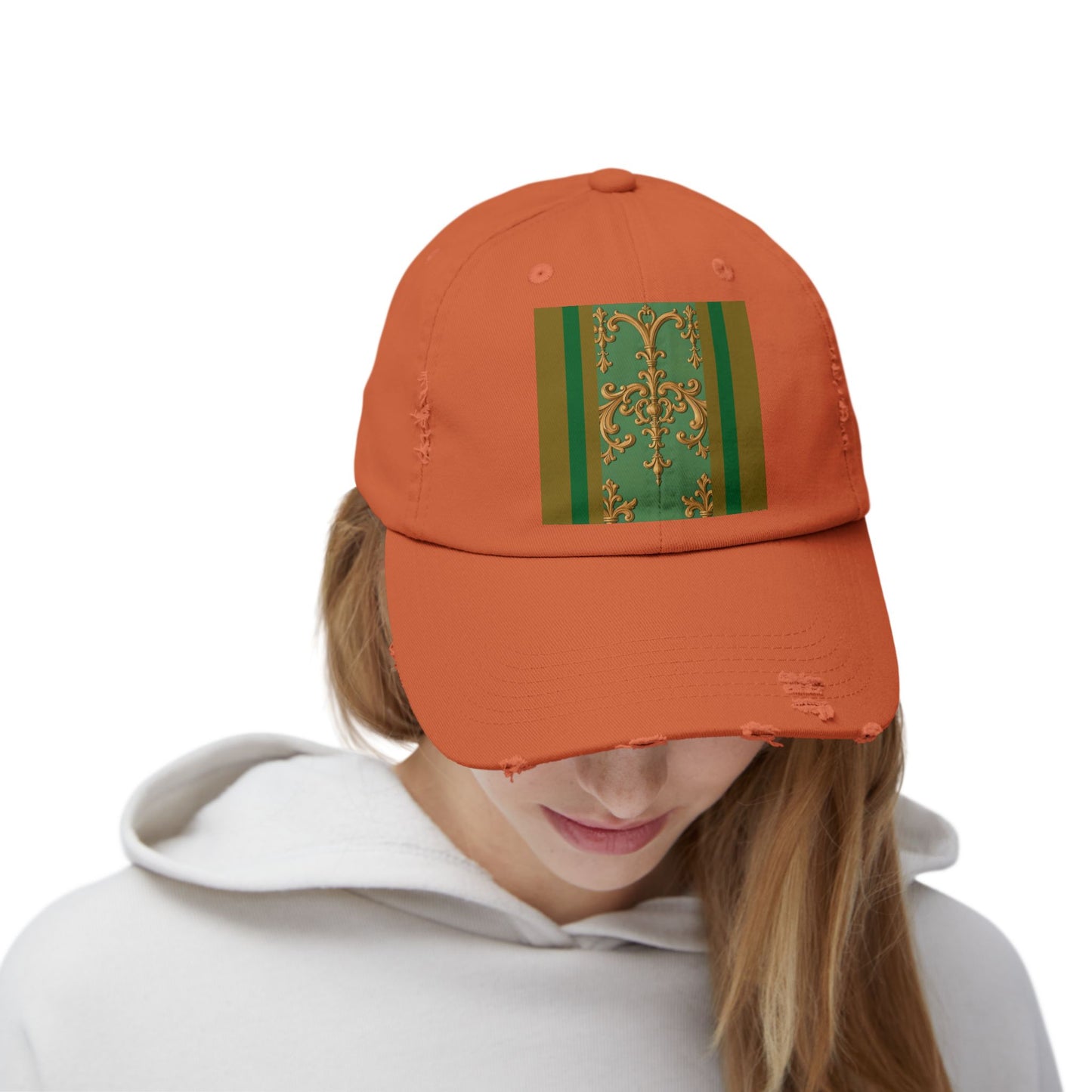 Stylish Unisex Distressed Cap with Unique Floral Design, Trending Accessory for Men and Women - Olive Green Striped Rococo