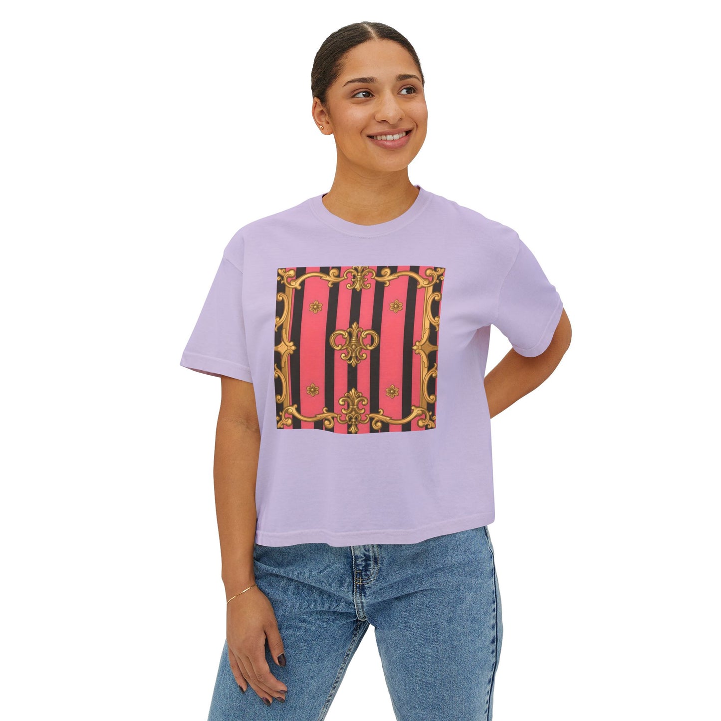 Chic Graphic Boxy Tee - Trendy Women's Casual Top, Festival Shirt, Gift for Her, Baroque Style - Pink & Black Striped Gold Baroque