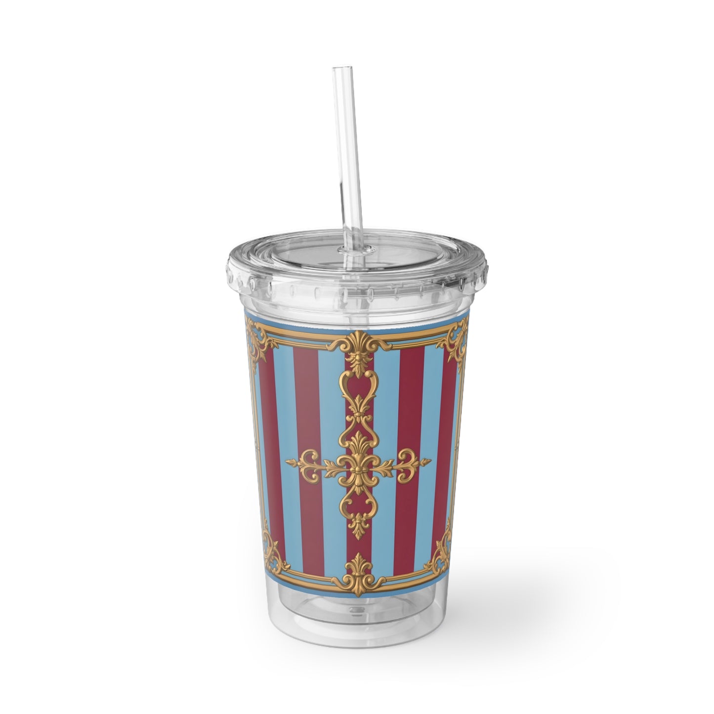 Suave Acrylic Cup - Elegant Drinkware for Weddings, Parties, Home Decor, Gifts, Coffee Lovers - Sky Blue & Maroon Striped Baroque