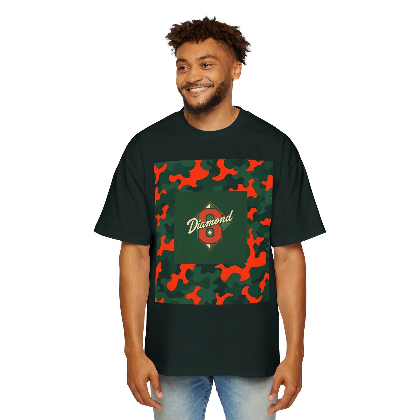 Men's Heavy Oversized Camouflage Tee, Casual Streetwear Shirt, Graphic T-Shirt, Comfortable Everyday Wear, Gift for Him - Green & Orange Camo Diamond 8
