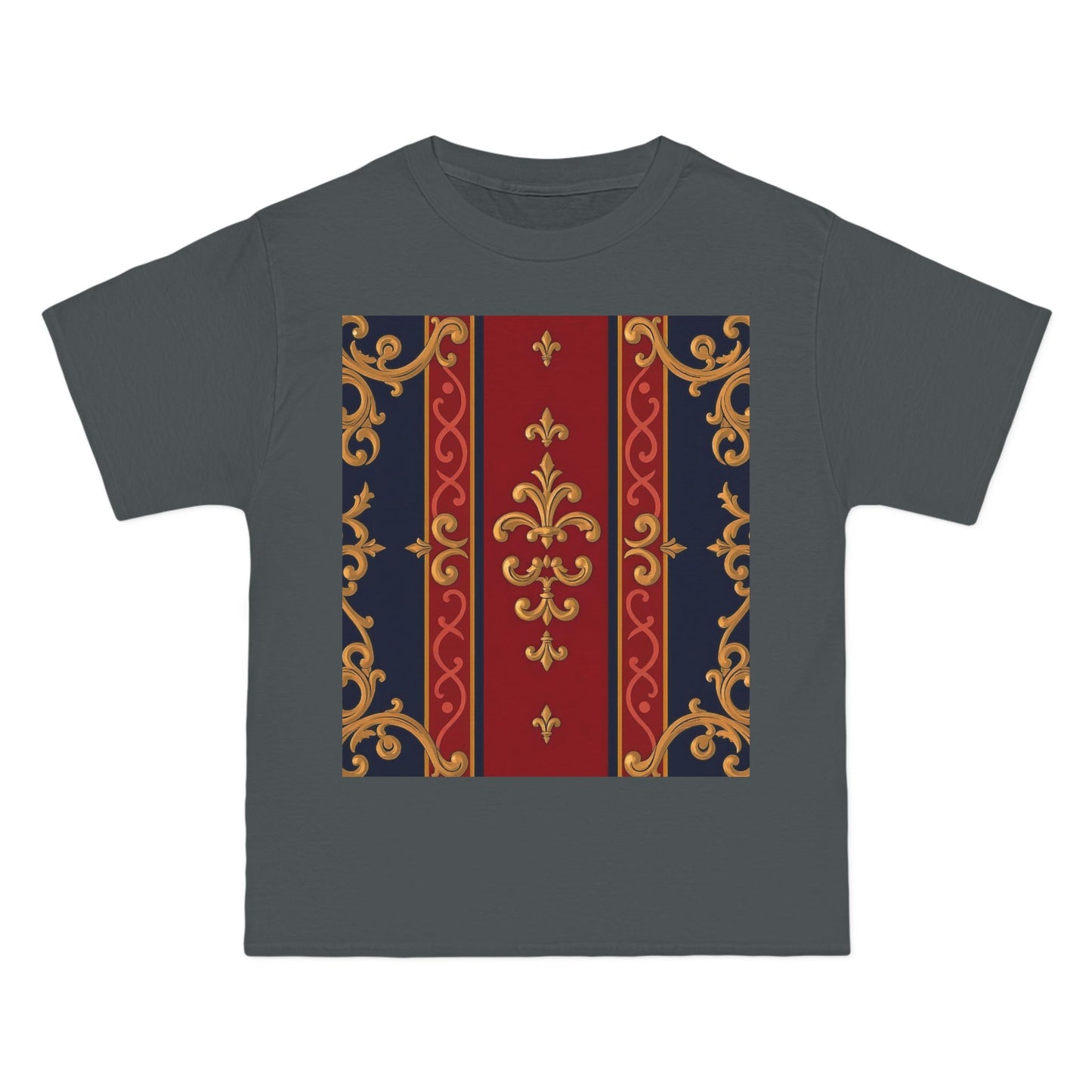 Elegant Patterned Short-Sleeve T-Shirt, Stylish Tee, Vintage Design Top, Casual Wear, Fashionable Gift - Midnight Blue & Dusk Red Gold Baroque