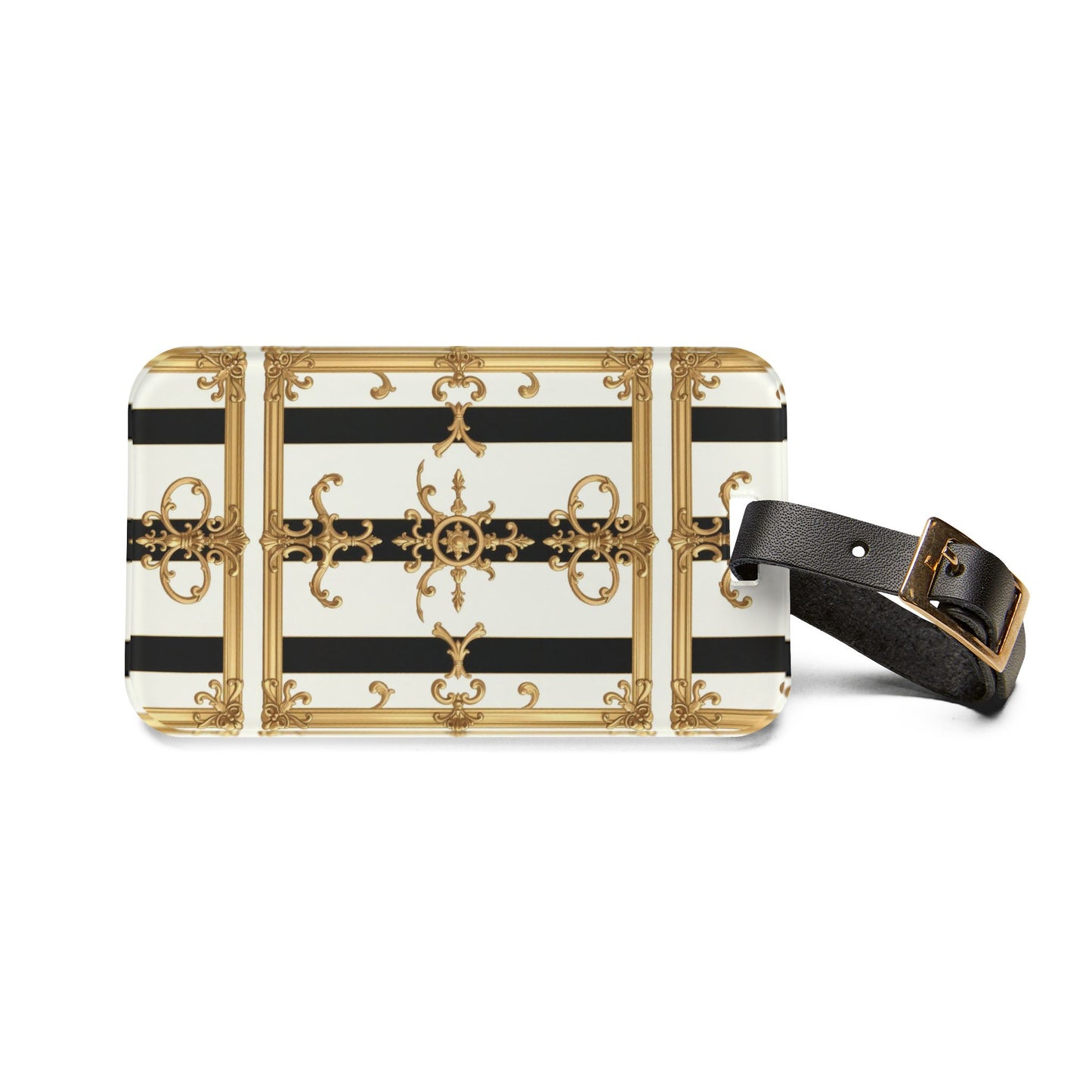 Elegant Gold Striped Luggage Tag, Travel Accessory, Chic Baggage Identifier, Gift for Travelers - Black & White Striped Gold Baroque