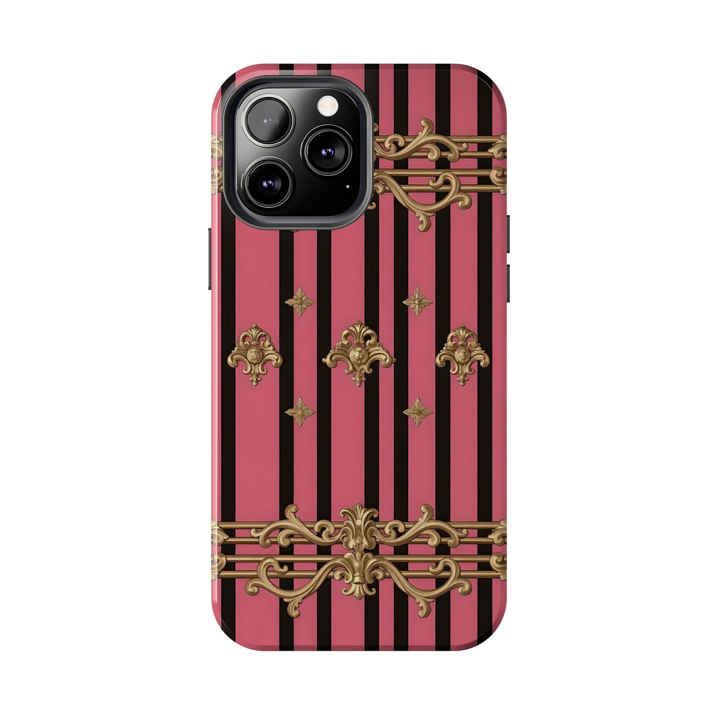 Elegant Floral Phone Cases, Stylish Protective Case for Trendy Individuals, Unique Gift for Tech Lovers, Phone Accessories - Pink Striped Gold Rococo