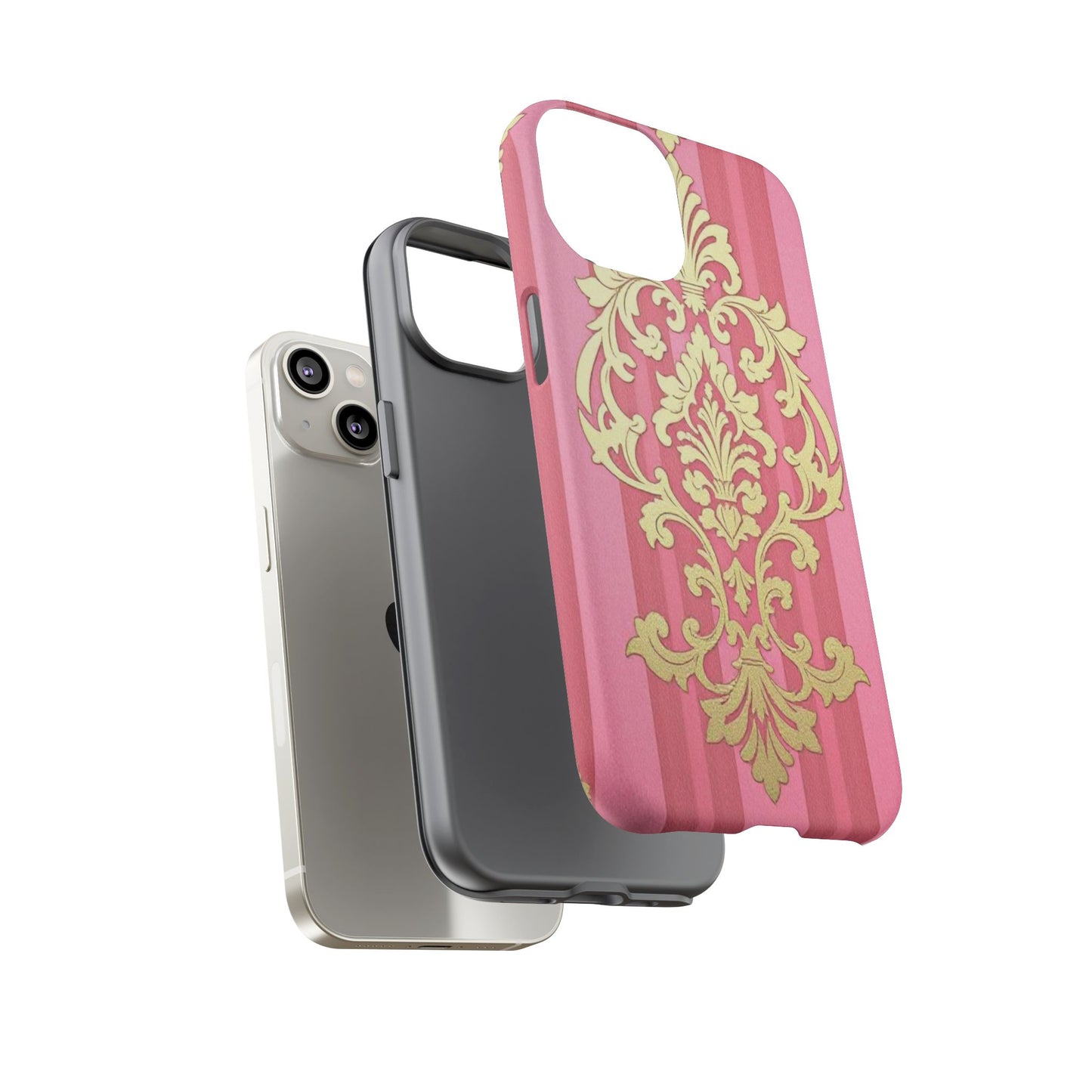 Elegant Floral Motif Phone Case - Tough Cases with Vintage Design - Pink Striped Damask