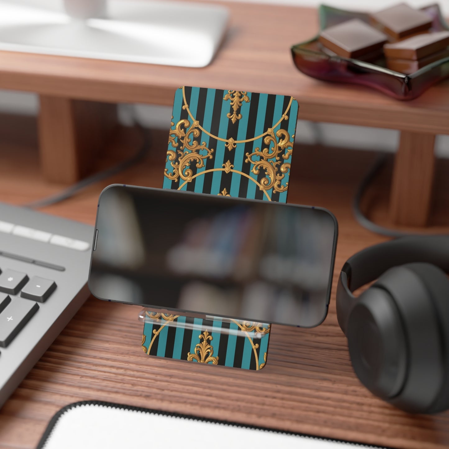 Elegant Turquoise & Black Striped Gold Baroque Decorative Mobile Display Stand, Smartphone Holder, Gift for Tech Lovers
