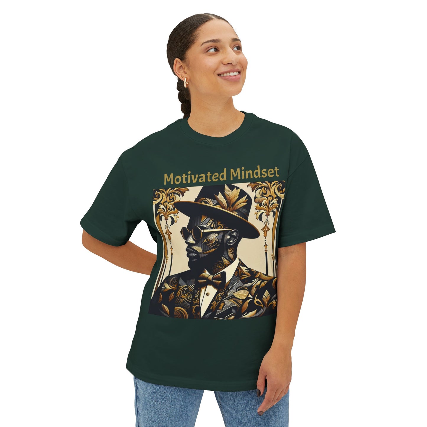 Motivated Mindset Boxy Tee - Unisex Oversized T-Shirt for Inspiration, Casual Wear, Gifts, Motivation, Self-Care - Gold Letters